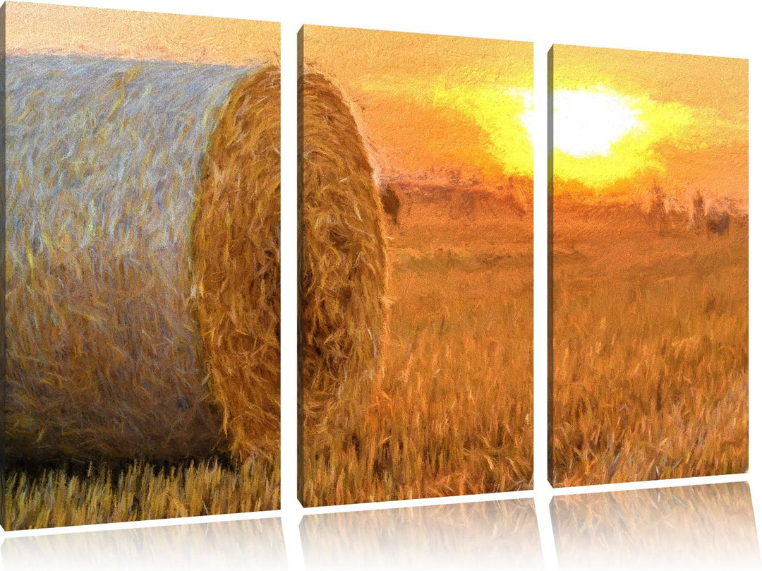 Pixxprint Strohballen auf Feld als Leinwandbild/Grösse: 3 Teilig (120x80 cm) cm/Wandbild/Kunstdruck/