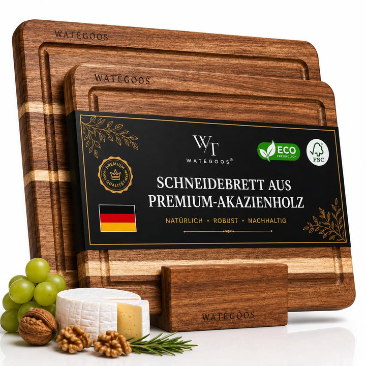 Schneidebrett aus Akazienholz mit Halter – 2 Holz Schneidebretter gross und klein – umweltfreundlich
