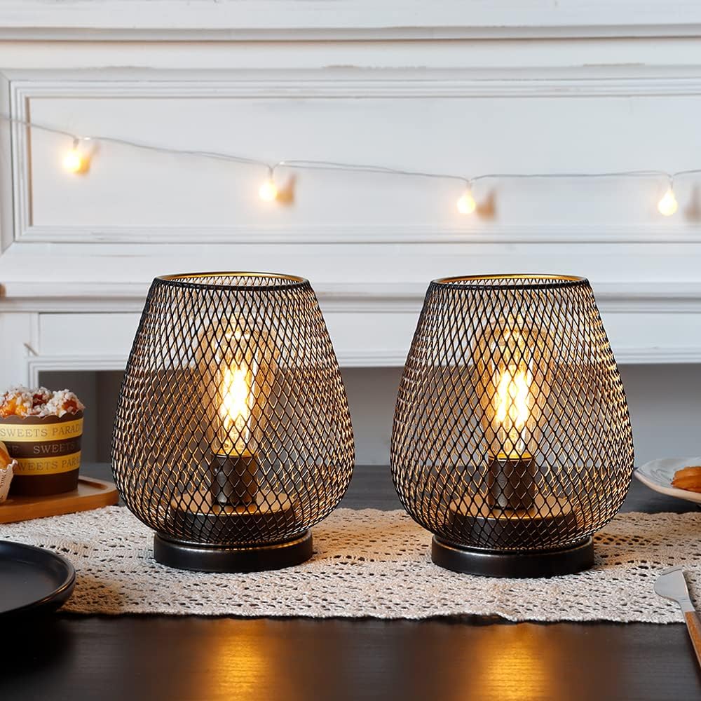 TRIROCKS Set von 2 Metall Batteriebetriebene Lampe 17cm hohe Metallkäfigform Kabellose Tischlampe Ba