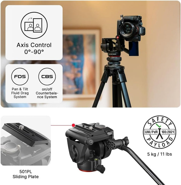 Manfrotto 500X Fluid Videokopf mit ONE Hybrid Carbon Stativ – Foto & Video Stativ Kit, 5kg Traglast,