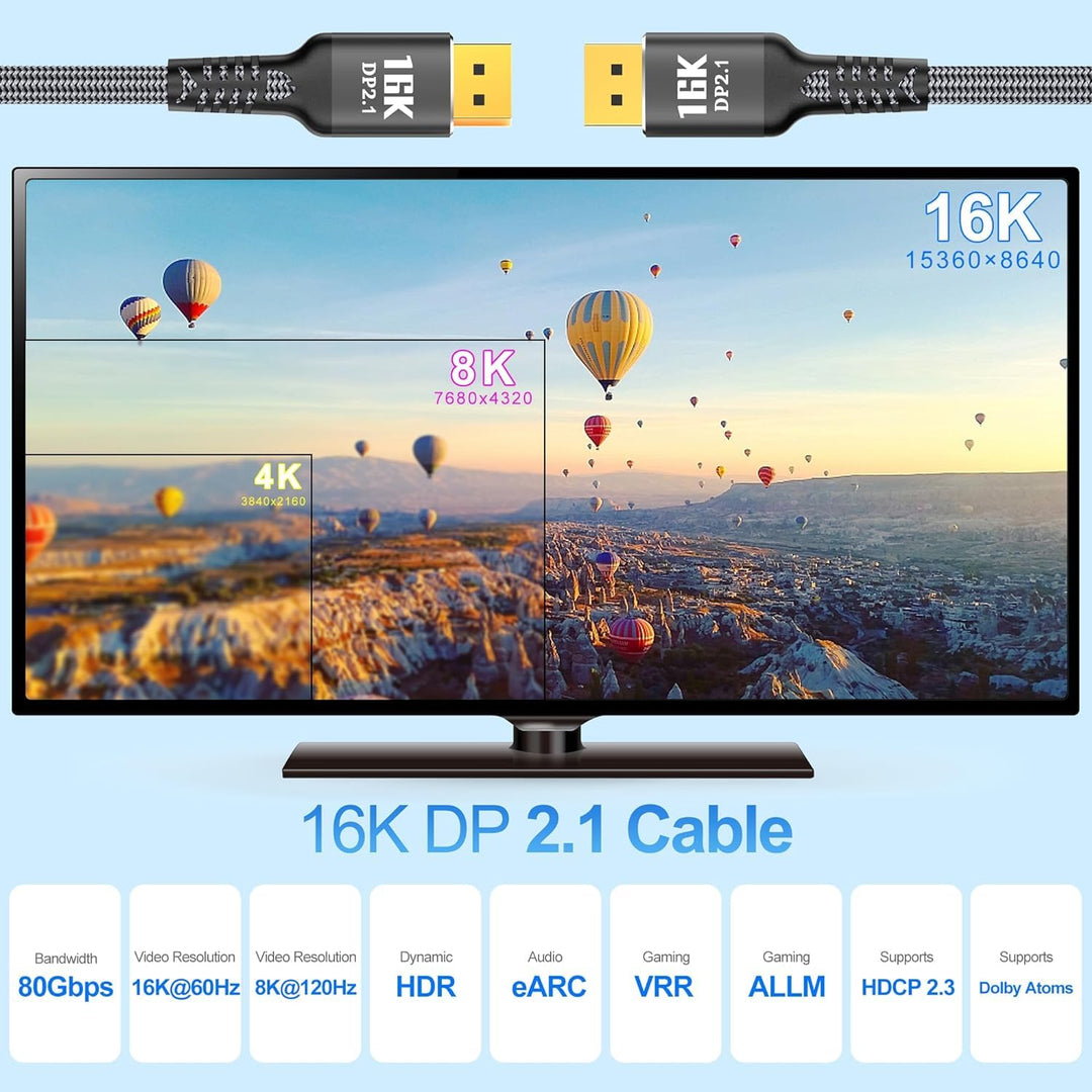DisplayPort Kabel 5m, 16K DP 2.1 2.0 Cabel [16K @ 60Hz, 8K @ 120Hz, 4K @ 240Hz 165Hz 144Hz, 80Gbps H