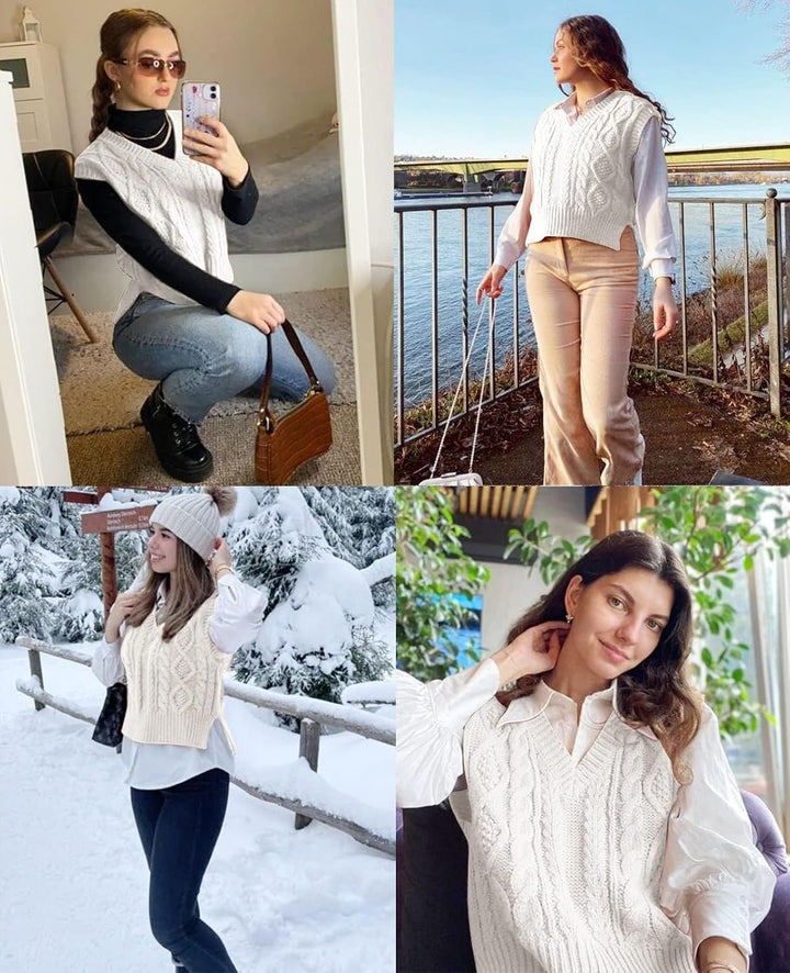 Tongmingyun Pullunder Damen Ärmellos V-Ausschnitt Strick Pullover Basic Strickweste Einfarbig Tank T