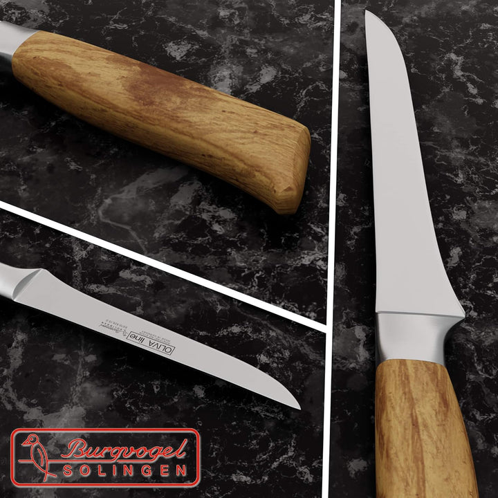 Burgvogel Solingen Ausbeinmbesser Flexibel 15 cm geschmiedet Olivenholz, Oliva Line, rostfrei, hell,