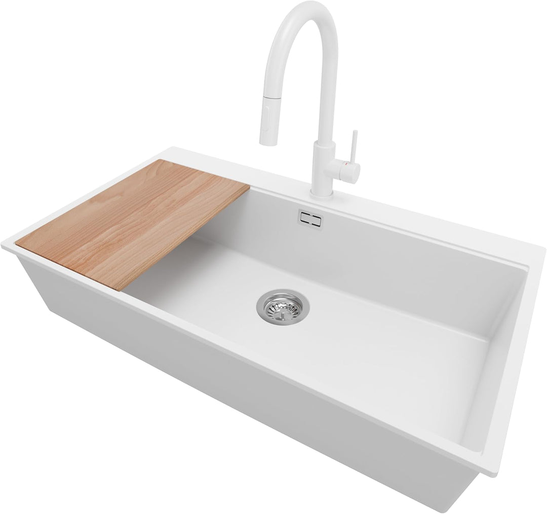 Granitspüle Weiss 90x50 cm, Spülbecken + Ablauf-Set + Küchenarmatur 9000, Küchenspüle für 90er Unter