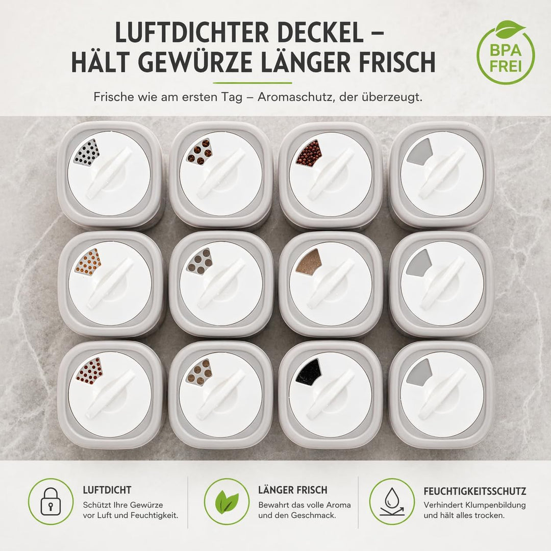 IDOBY 12er Set Gewürzbox aus Kunststoff, Transparente Gewürzdose, BPA-Freiem Kunststoff Camping Gewü