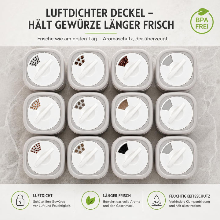 IDOBY 12er Set Gewürzbox aus Kunststoff, Transparente Gewürzdose, BPA-Freiem Kunststoff Camping Gewü