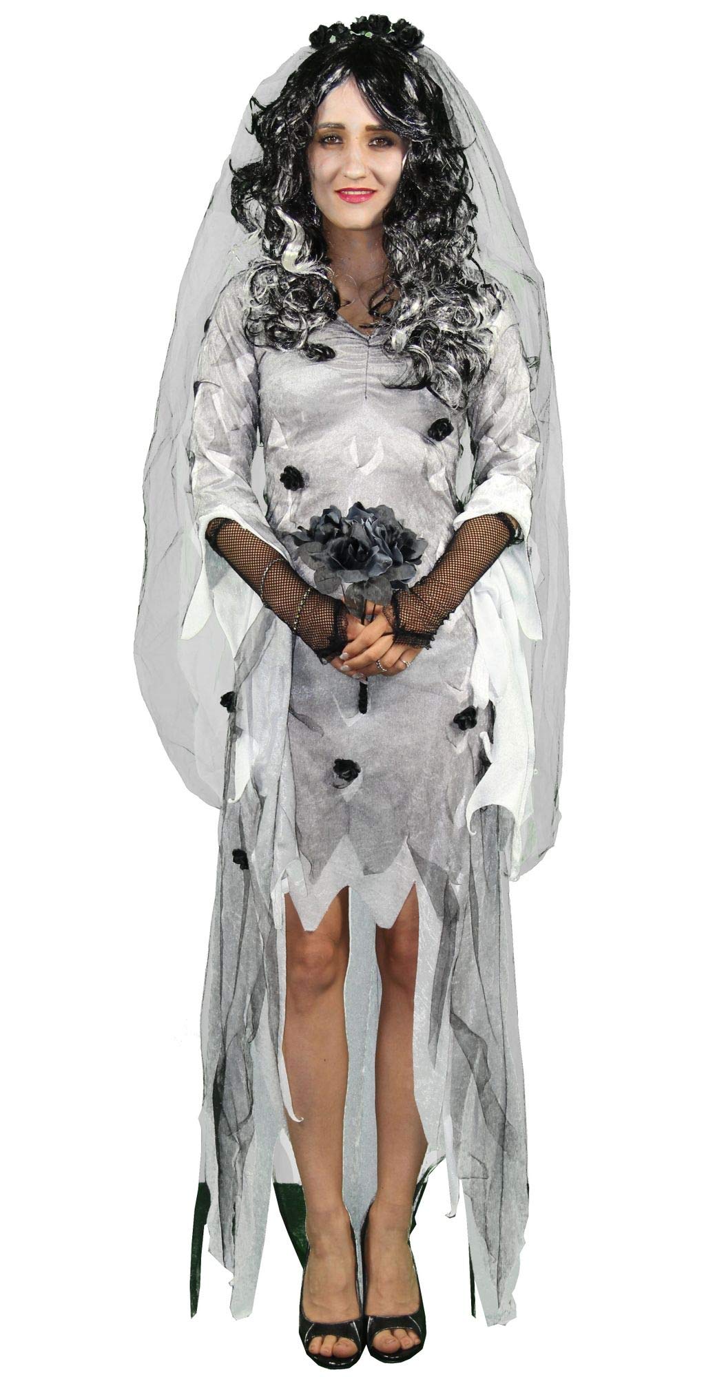 Foxxeo Gothik Geister Braut Damen Kostüm mit Schleier und Brautstrauss weisses Zombie Kleid Gotic Ha