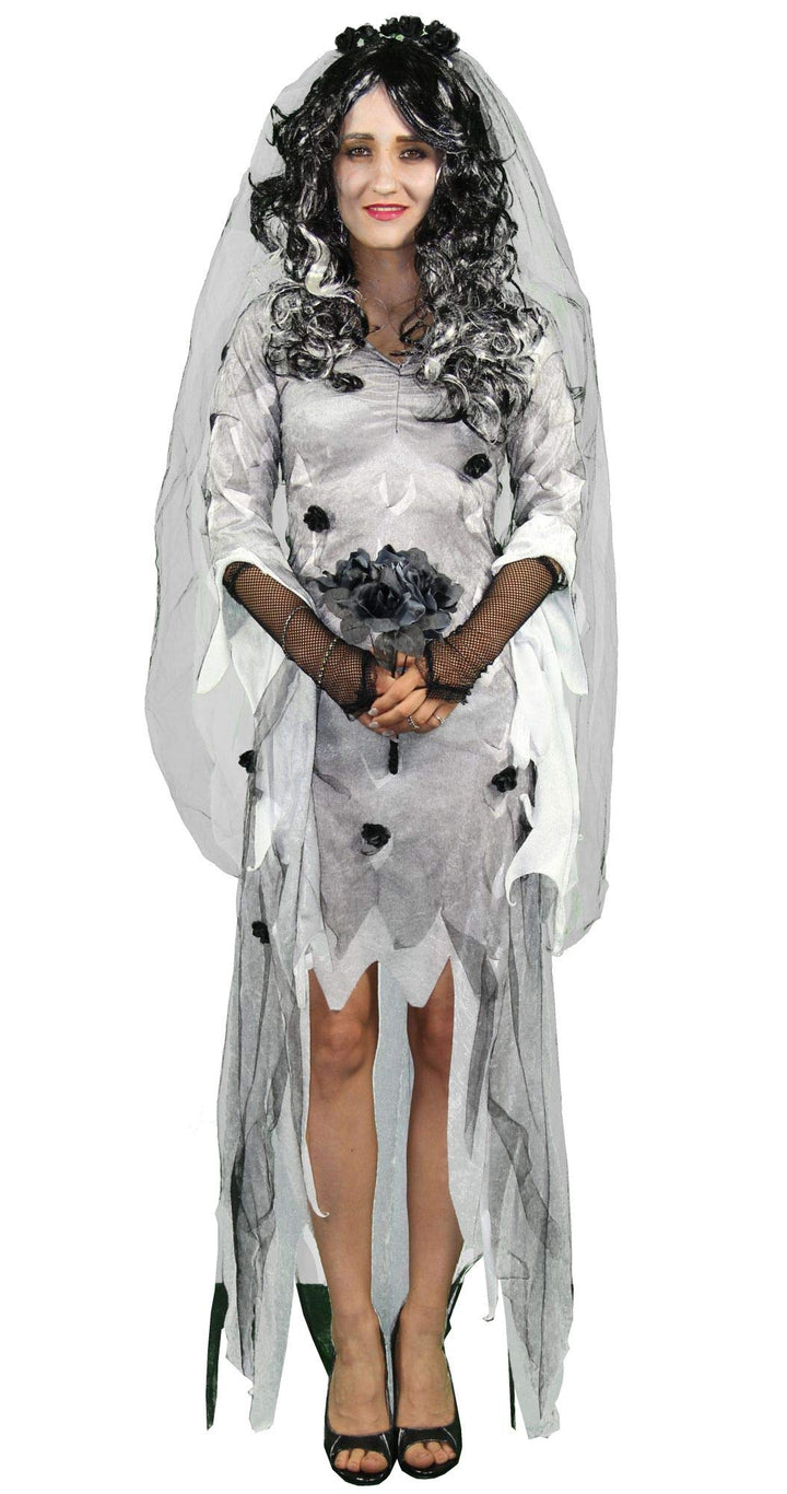 Foxxeo Gothik Geister Braut Damen Kostüm mit Schleier und Brautstrauss weisses Zombie Kleid Gotic Ha