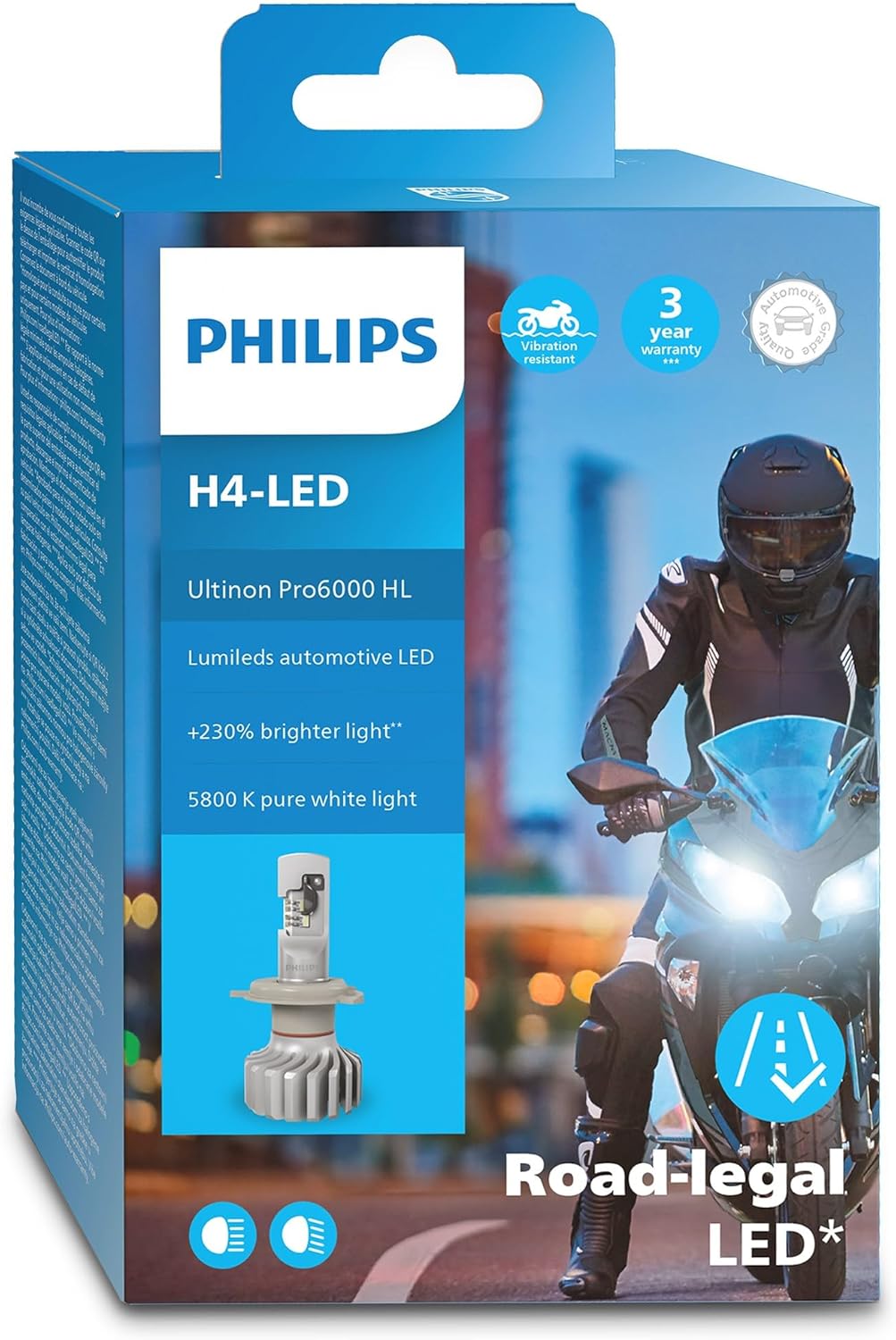 Philips Ultinon Pro6000 H4-LED Motorrad Scheinwerferlampe mit Strassenzulassung, 230% helleres Licht