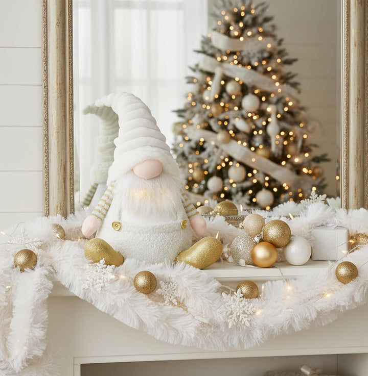 Valery Madelyn Weihnachtswichtel für Weihnachtsdeko,23cm Weihnachtsgnom Weiss Gold,Biegsamer Hut,Dek