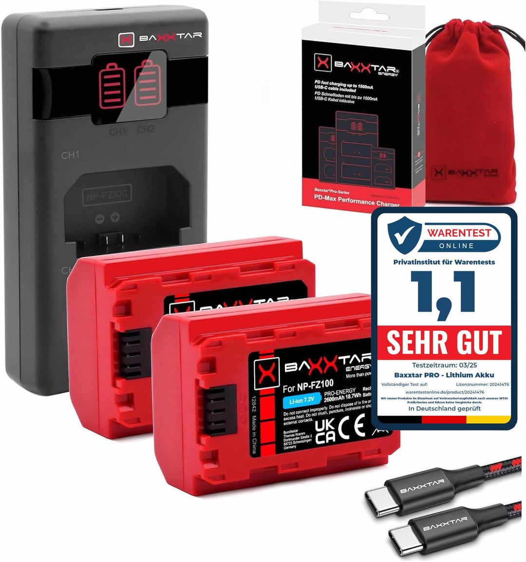 Baxxtar Pro NP-FZ100 Kamera-Akku 2X (2400 mAh - Generation IV) - Laden mit PD Performance (1500 mA)