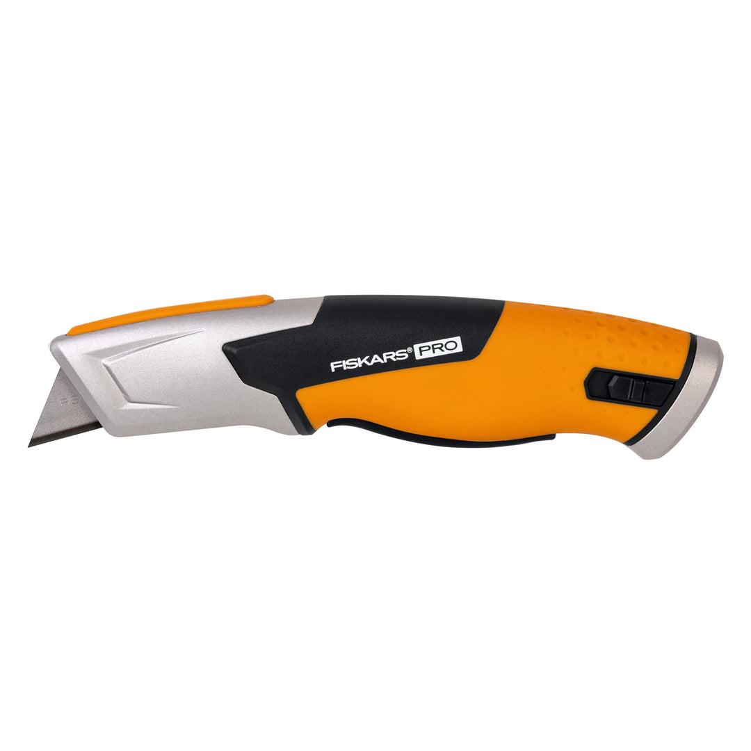 Fiskars Pro Sicherheits-Universalmesser mit einziehbarer Klinge, Länge 17,7 cm, Rostfreier Stahl/Kun