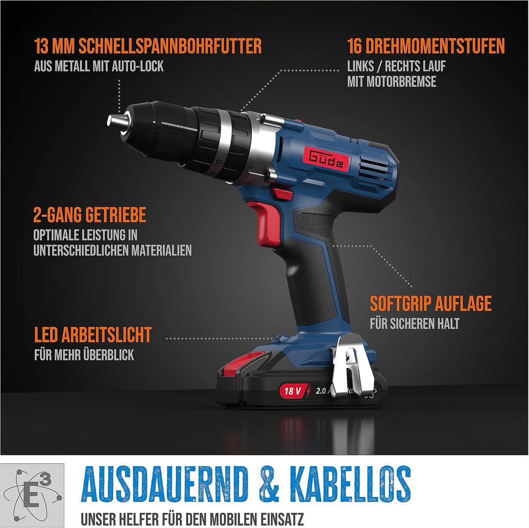 Güde 58503 Akku Schlagbohrschrauber BSB 18-0 (18 V, 16 Drehmomentstufen, 13 mm Metall-Schnellspannbo
