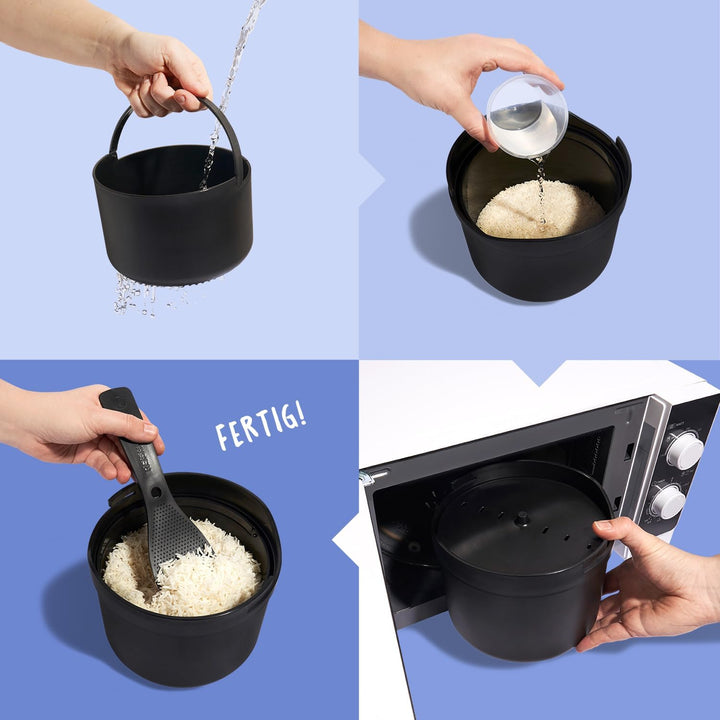 REISHUNGER Mikrowellen Reiskocher (1,7 l) - schwarz - Für perfekt gegarten Reis in nur 12 Minuten -