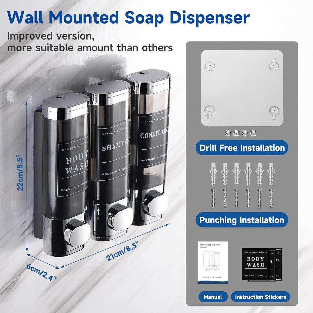 Duschseifenspender, Wandmontage, 3 Kammer-Shampoospender für Dusche, mit 5 Etikettenaufklebern, 3 x