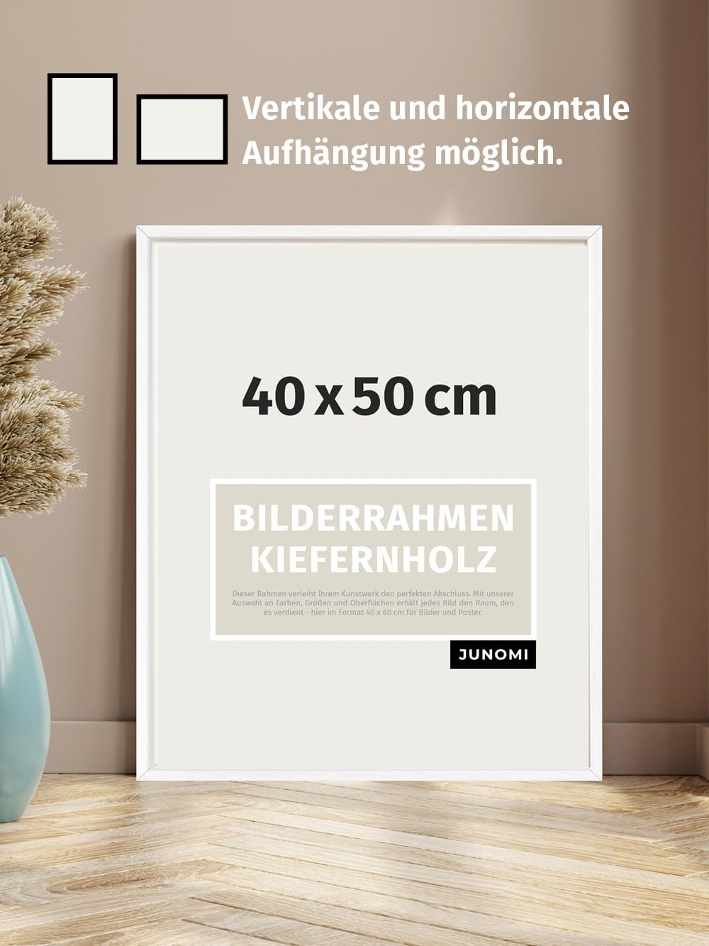 JUNOMI® Bilderrahmen 40x50 cm Holz | Farbe Weiss | Posterrahmen mit bruchsicherem Acrylglas | Hoch-