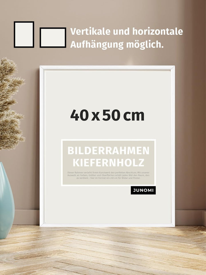 JUNOMI® Bilderrahmen 40x50 cm Holz | Farbe Weiss | Posterrahmen mit bruchsicherem Acrylglas | Hoch-