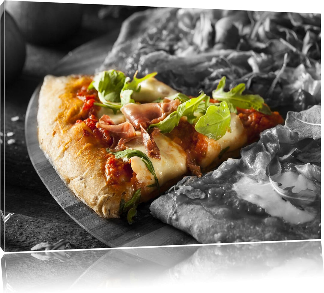 leckere Pizza mit Bacon und Rucola schwarz/weiss Format: 100x70 auf Leinwand, XXL riesige Bilder fer