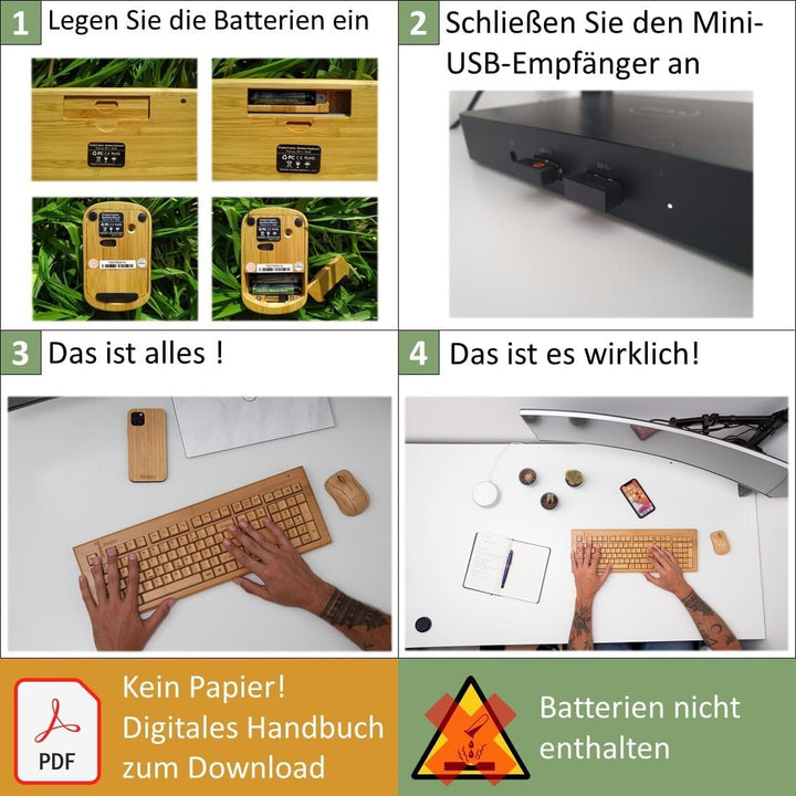 KIBODO - Bamboo Wireless Tastatur-Maus-Set, Naturholz, angenehmer Touch, einfach zu bedienen, dekora