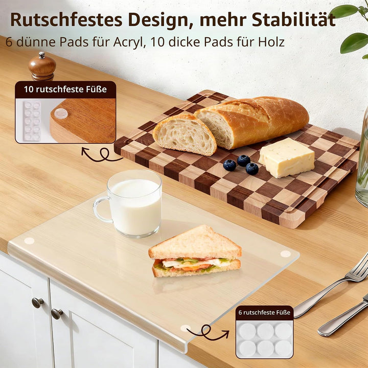 Schneidebrett-Set 2-teilig – Kariertes Holz- &amp; Acryl-Schneidebrett mit Arbeitsplatten-Lippe, Holz-Sc