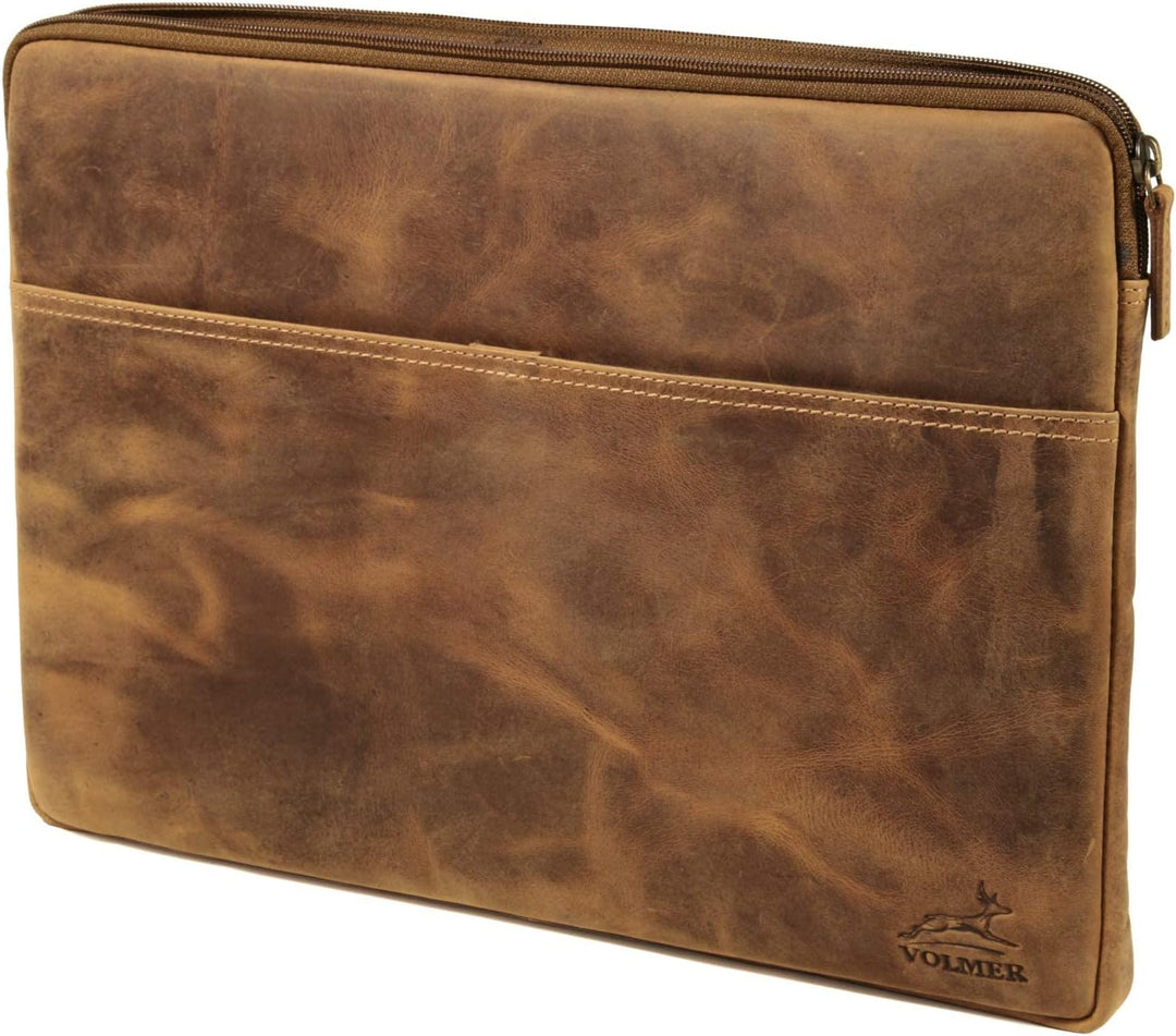 Fa.Volmer ® 15,6 Zoll Laptop Hülle aus edlem Büffelleder - braun - mit Metall-Reissverschluss - gepo