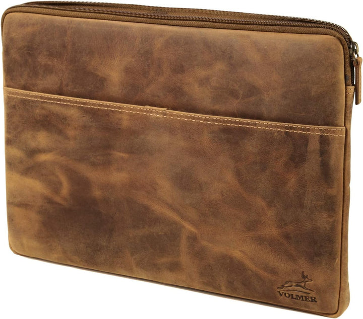 Fa.Volmer ® 15,6 Zoll Laptop Hülle aus edlem Büffelleder - braun - mit Metall-Reissverschluss - gepo
