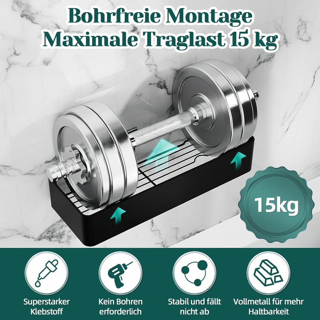 Duschablage Ohne Bohren Schwarz, 2 Stück Duschregal aus Metall mit 4 Haken - Wasserdichter, Schnellt