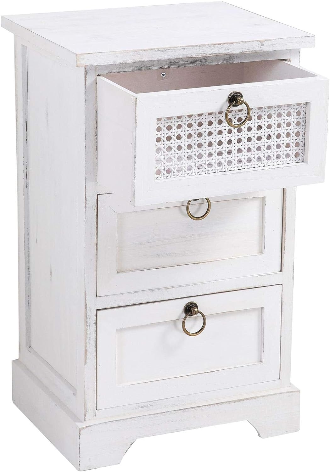 CARO-Möbel Nachttisch IRMA Nachtschrank für Boxspringbett Nachtkonsole mit 3 Schubladen weiss Vintag