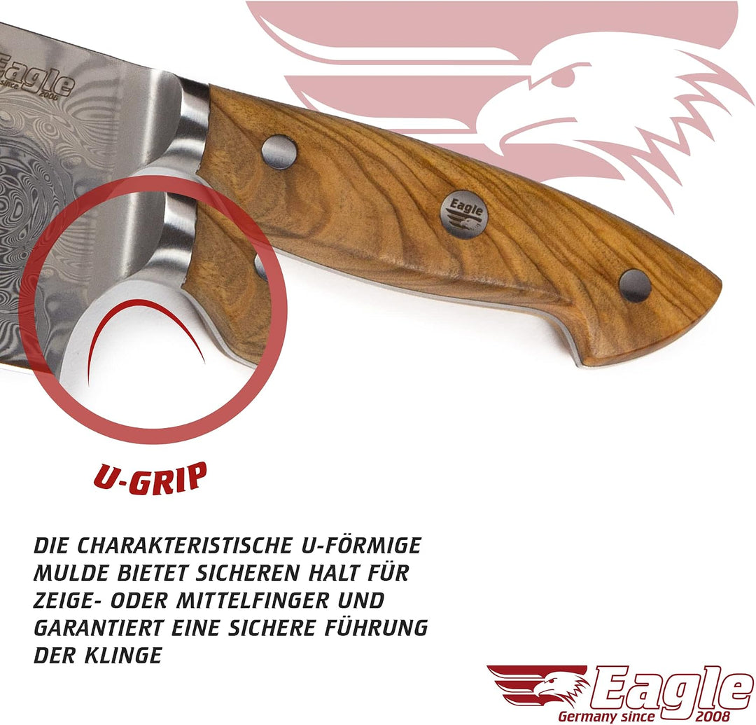 Eagle U-Grip - 5-er Messer-Set mit Bambus Messerblock - Voll-Damaststahl 108 Lagen/Heftschalen: Oliv