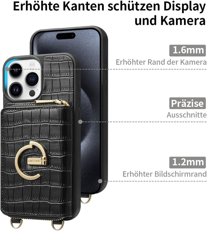 CUSTYPE Für iPhone 15 Pro Hülle Mit Band, Mikrofaserleder Handyhülle Mit Geldbörse Und Ständer, Hand