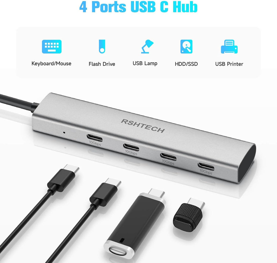 USB C Hub 10Gbps, RSHTECH 4-Port USB C 3.2 Hub Aluminium USB 3.1 Gen2 Ultra Slim Datenhub Portable M