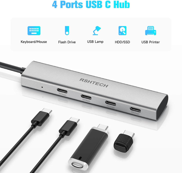 USB C Hub 10Gbps, RSHTECH 4-Port USB C 3.2 Hub Aluminium USB 3.1 Gen2 Ultra Slim Datenhub Portable M