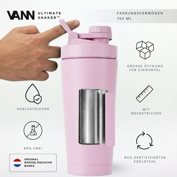 VANN Shaker Proteinshake 750ML - Thermo Shaker Edelstahl [12h kalt], Ideal als Schüttelbecher [Gym,