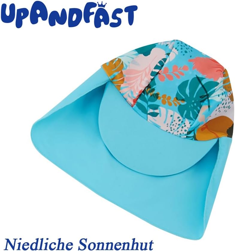 upandfast Baby Badeanzug mit Sonnenhut UPF 50+ Badebekleidung für Baby 6-9 Monate Blau Blätte, 6-9 M