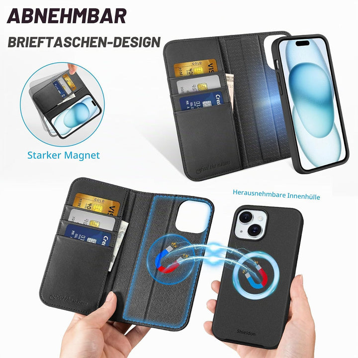 SHIELDON Hülle für iPhone 15, Echtleder Handyhülle [Abnehmbar] [kabelloses Laden] [Kartenfach] [Stän