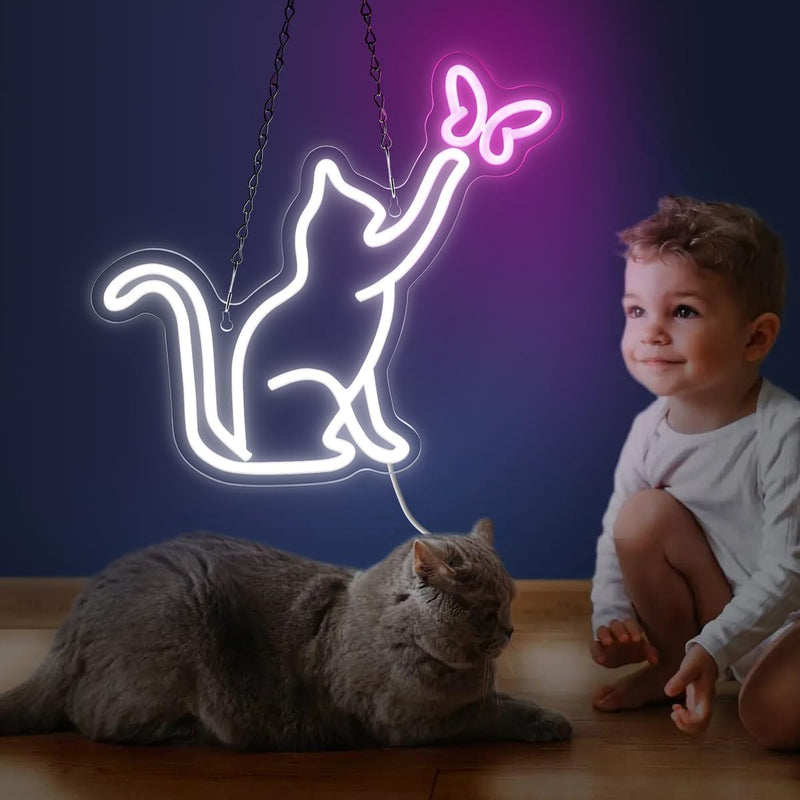 Neon Katze Schild Wanddekoration Schmetterling Neonschild Usb Neonlicht Party Leuchtreklame für Gesc