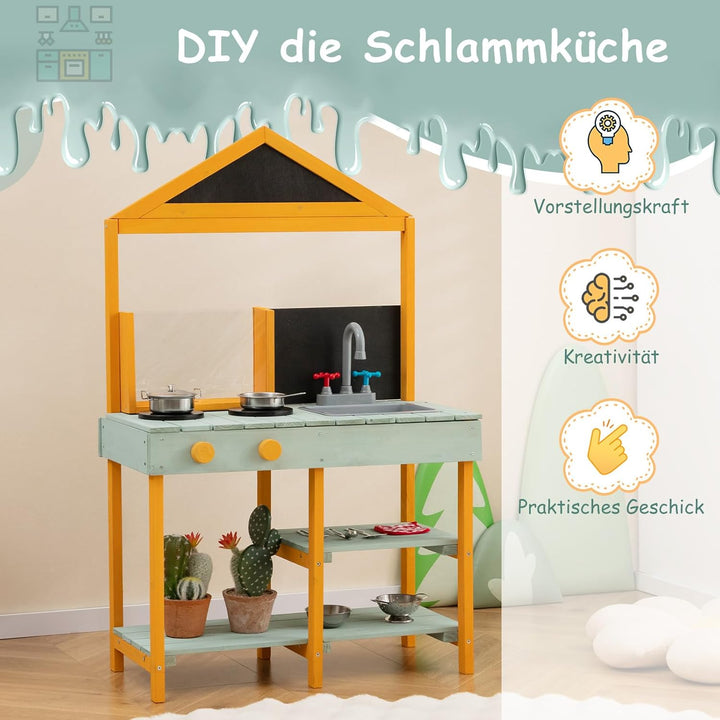 COSTWAY Matschküche Kinder Outdoor, Kinderküche Tannenholz mit Pflanzbehälter & 2 Kreidetafeln & Was