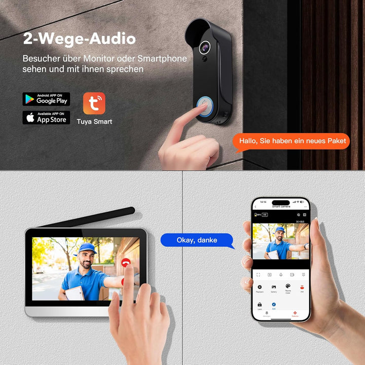 Drahtlose Türglocke Kamera mit 7" Bildschirmmonitor Smart Video Tür Telefon Intercom System 1080P Wi