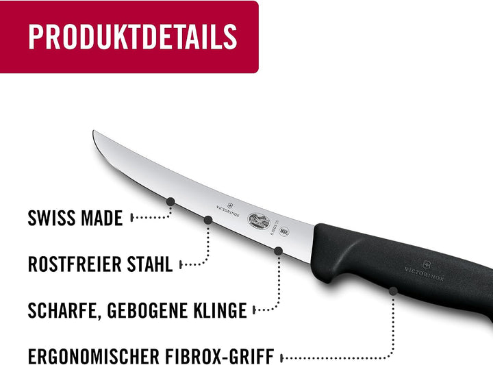 Victorinox Fibrox Ausbeinmesser, Scharfes Küchenmesser für Fleisch und Geflügel, 15 cm, Gebogene Kli