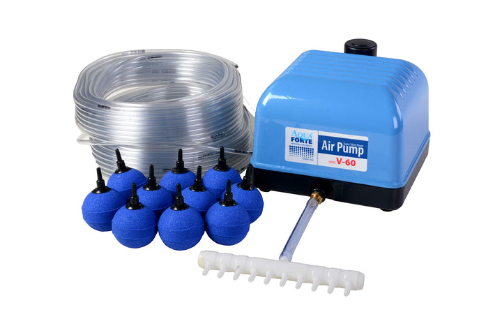 AquaForte Hi-Flow V-60 Luftpumpenset, Komplettset mit Luftverteilern, 50 m Schlauch 4 x 6 mm und 10