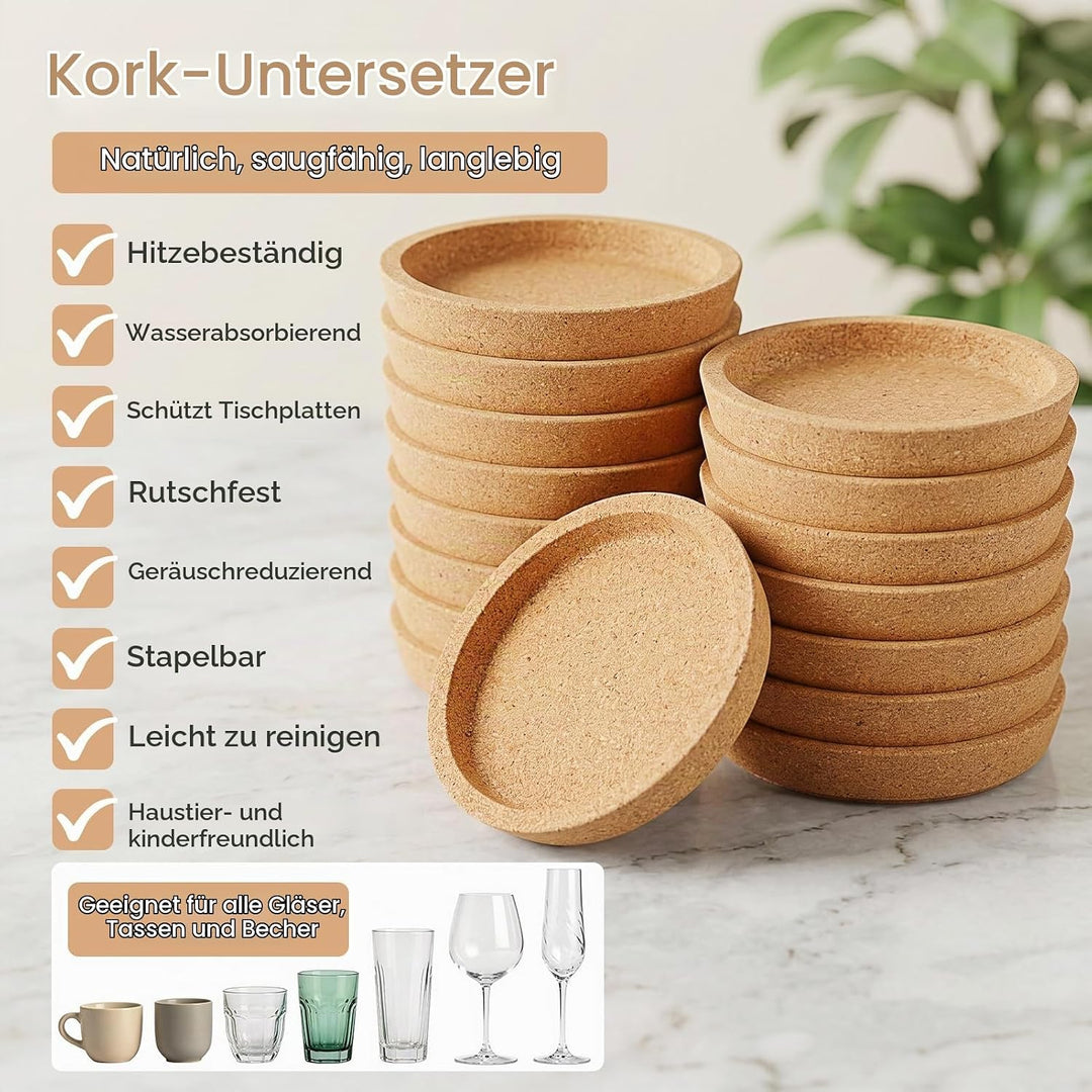 Korkuntersetzer Rund mit Rand, 16 Stücke Untersetzer Kork für Getränke Saugfähige für Zuhause, Büro,