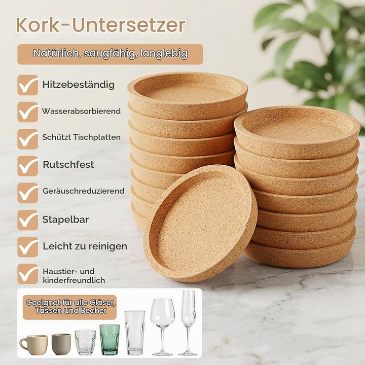 Korkuntersetzer Rund mit Rand, 16 Stücke Untersetzer Kork für Getränke Saugfähige für Zuhause, Büro,