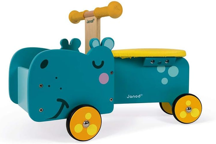 Janod - Hippopotamus Wooden Ride-On for Children - Ergonomic Handles and Silent Wheels - Storage Com