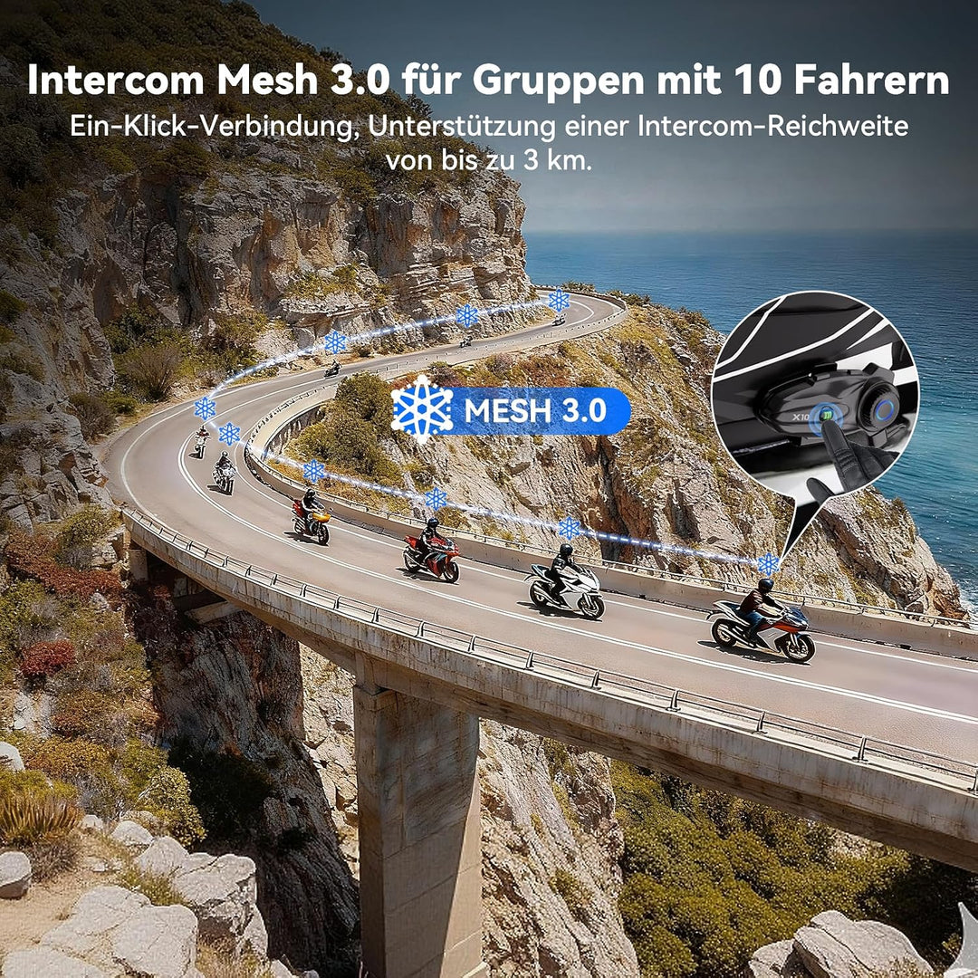 X10 Motorrad Headset Bluetooth, 3000m Mesh Helm Intercom 1-10 Fahrer | Mesh 3.0, Dual Qualcomm Bluet