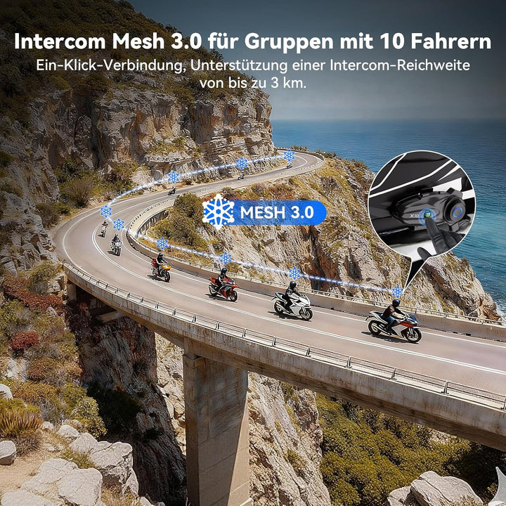 X10 Motorrad Headset Bluetooth, 3000m Mesh Helm Intercom 1-10 Fahrer | Mesh 3.0, Dual Qualcomm Bluet