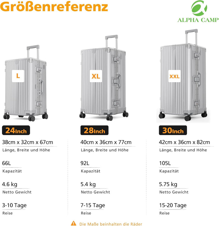 ALPHA CAMP Koffer XL Aluminium Rahmen & Polycarbonat Hartschale mit TSA Schloss Koffer Silber Gross