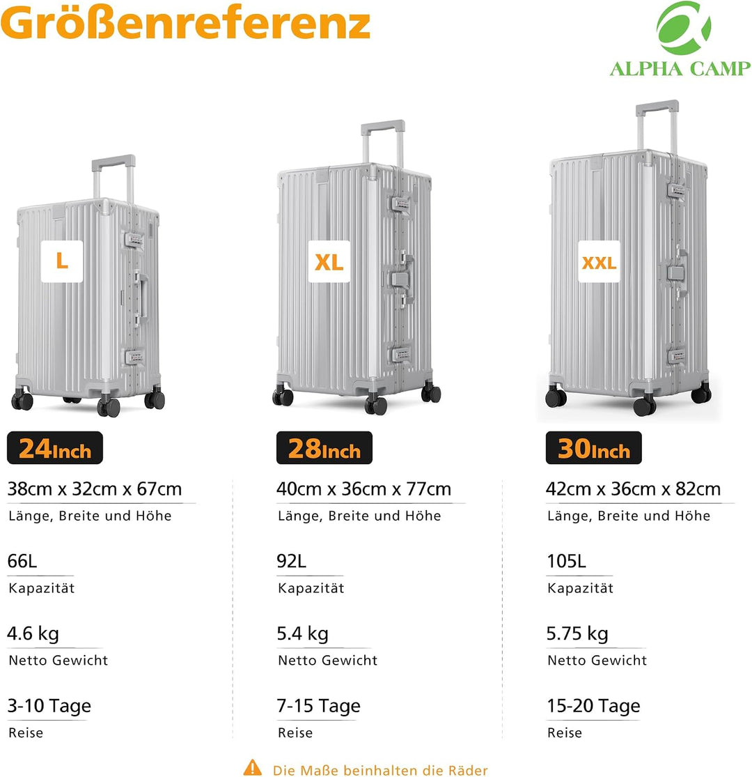 ALPHA CAMP Koffer XXL Hartschale mit TSA Schloss Koffer Gross 105L Silber | Aluminium Rahmen Polycar