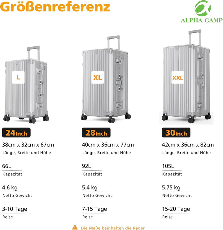 ALPHA CAMP Koffer XXL Hartschale mit TSA Schloss Koffer Gross 105L Silber | Aluminium Rahmen Polycar