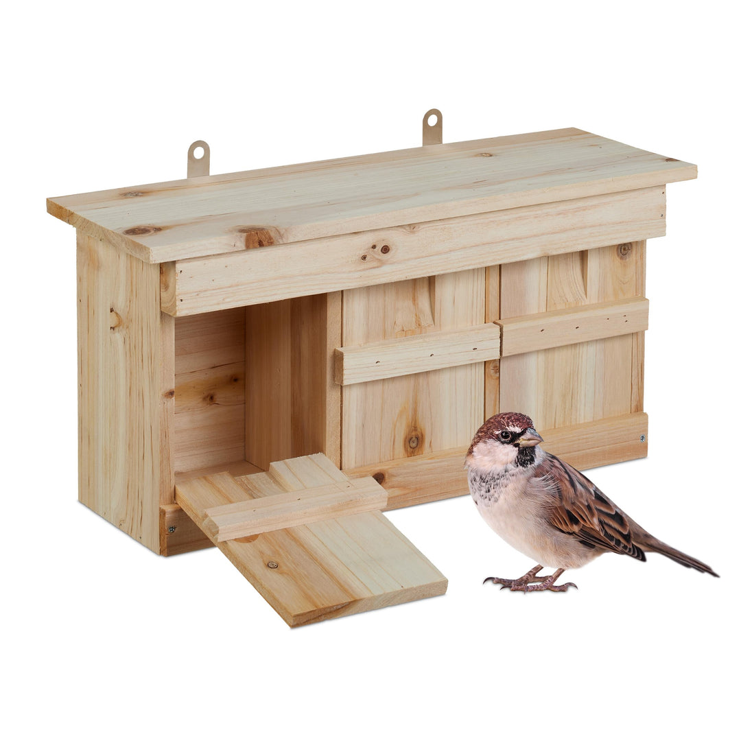 Relaxdays Nistkasten für Spatzen, 3 Brutkammern, Tannenholz, Einflugspalt HxB: 3 x 2 cm, Vogelhaus z