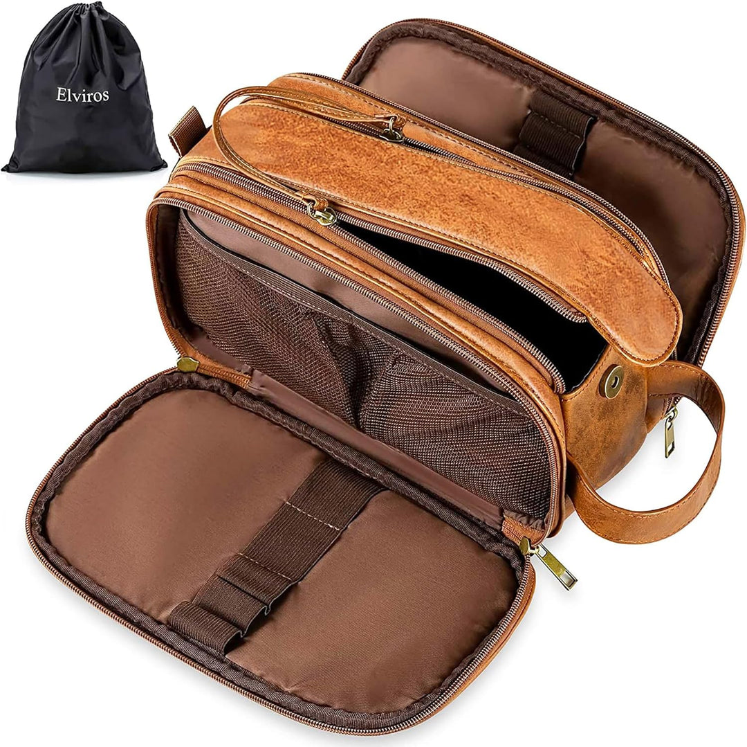 Elviros Kulturbeutel PU-Leder für Reise Herren, grosse wasserdichte Waschtasche Männer, Kulturtasche